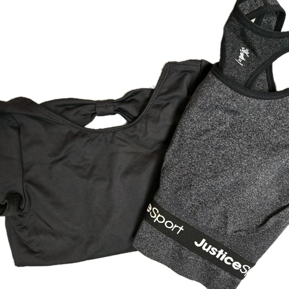 Justice Leo & Crop Top Sports Bra Lot Dance Gymnastics Cap Sleeve Bow Back Black